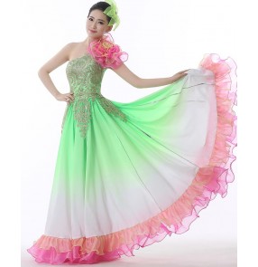 Light green pink gradient colored one shoulder gold embroidery appliques women's ladies folk bull dance Spanish flamenco dancing long dresses 