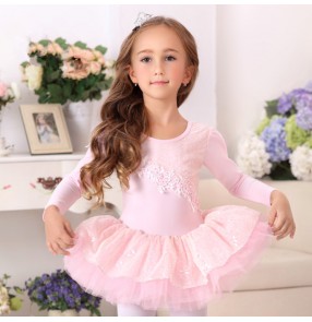 Light pink Lace embroidery pattern long sleeves girls kids children princess competition performance ballet tutu skirted dance dresses costumes
