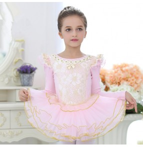 Light pink lace patchwork cotton long sleeves competition gymnastics tutu skirted ballet dance dresses outfits