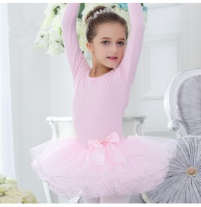 Light pink lace patchwork cotton long sleeves girls kids children gymnastics princess ballet dance dresses leotards tutu skirts