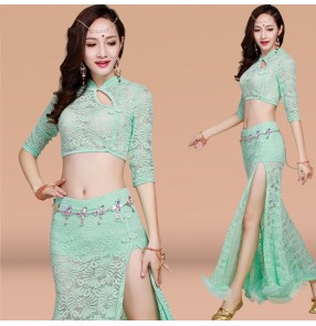 Mint  black red light pink white half sleeves lace sexy fashion competition stage performance women's belly dancing costumes dresses
