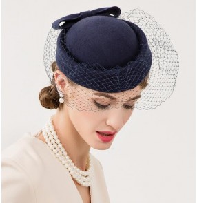 Navy blue handmade 100% wool fashion women's evening wedding party cocktail banquet fascinators top hats fedoras