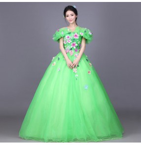 Opening dancing Green flowers slash neck long length big skirted women's ladies competitionsingers stage performance party evening dancing cosplay dresses