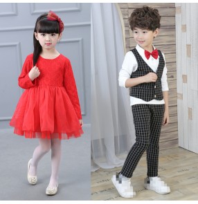 Plaid England style red lace long sleeves boys girls kids children performance competition modern dance jazz singer performance cosplay dresses costumes 