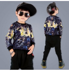 Printed boys kids children modern dance competition school play performance hip hop jazz drummer  dancing outfits costumes