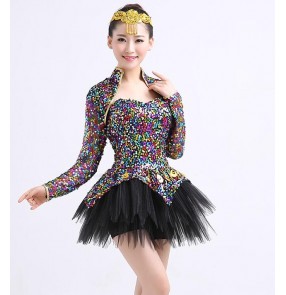 Rainbow colored sequins shiny glitter stage performance modern dance women's jazz singers dancers costumes dresses