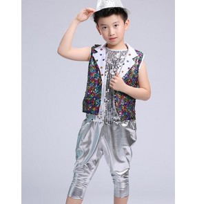 Rainbow colorful sequins silver hot pink modern dance boys girls kids jazz singers dancers performance outfits costumes