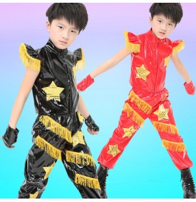 Red black gold fringes leather modern dance fashion boys girls kid children baby competition jazz drummer hip hop dance costumes outfits