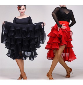 Red black multi layers ruffles triangle women's ladies girls hip scarf bull dance latin dancing salsa cha cha dance skirts