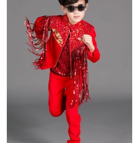 Red fashion boys kids children baby school competition contest jazz singers dancers drummer performance sequins fringes outfits costumes