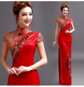 Red gold embroidery pattern chinese style women's side split sexy performance evening cheongsam wedding party bridals dresses vestidos 