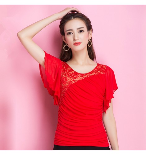 Red lace patchwork short cap sleeves fashion girls women's ballroom ...