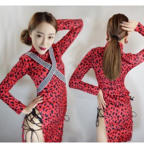 Red leopard printed long sleeves side split sexy fashion women's ladies singer jazz night club dancing dancers stage performance cheongsam dresses 