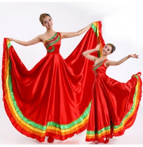 Red rainbow colored one shoulder women's ladies female  flamenco big skirted Spanish folk flamenco dance dresses outfits costumes