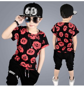 Red rose printed short sleeves fashion boys kids children toddlers modern hip hop jazz dance performance costumes outfits 