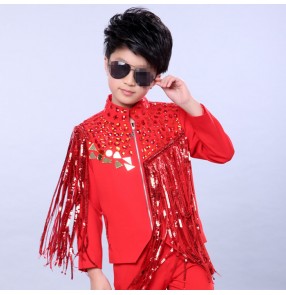 Red sequins fringes tassels boys baby kids children school competition hip hop jazz singer drummer dance jackets coats