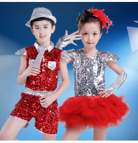 Red silver patchwork paillette sequins girls boys kids children growth school modern dance jazz singer hip hop dancing outfits costumes