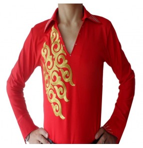 Red with gold printed v neck long sleeves rhinestones men's male competition latin ballroom dancing shirts tops 