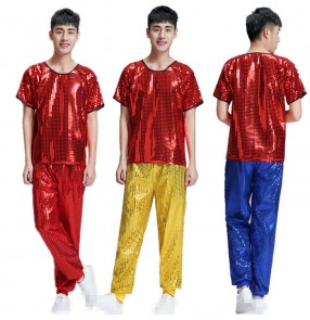 Red yellow royal blue sequins paillette short sleeves long pants men's modern dance jazz singer ds night club hip hop dance costumes outfits