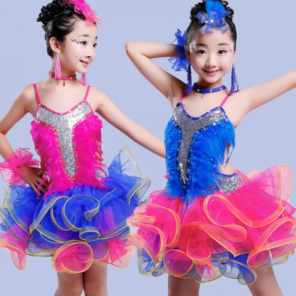 Kids girls pink with royal blue fringes latin dance costumes tops