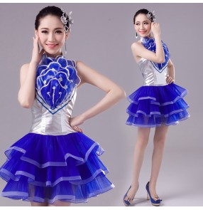 Royal blue and silver pu leather sequins women's girls modern dance singer dj ds party cosplay jazz dancing dresses costumes