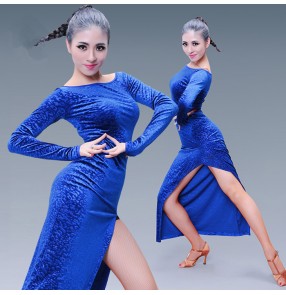 Royal blue black velvet side split women's ladies female competition salsa latin cha cha dance dresses outfits