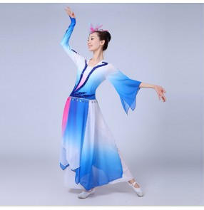 Royal blue fuchsia hot pink gradient colored women's ladies Chinese folk dance traditional fairy fan dancing costumes clothes outfits
