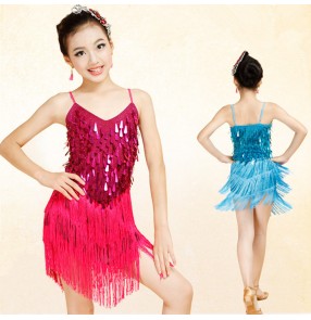 Royal blue fuchsia turquoise red silver white hot pink violet sequins paillette fringes girls kids children competition salsa latin dance dresses 