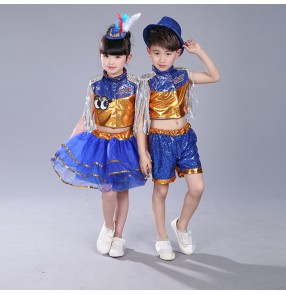 Royal blue gold pu leather patchwork fashion hip hop jazz boys girls kids dancers performance outfits costumes
