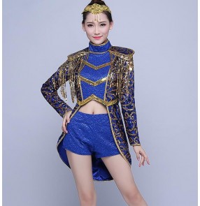 Royal blue gold sequins glitter paillette modern dance women's ladies jazz singer dancers contest hip hop dancing outfits tuxedo coats shorts