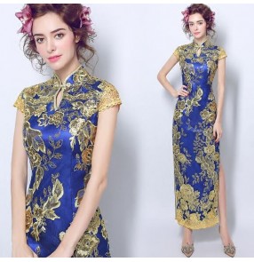 Royal blue with gold embroidery pattern women's ladies performance wedding bridals evening cocktail party long length cheongsam dresses vestidos