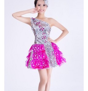 Silver and fuchsia sequins paillette glitter women's girls stage performance singer dancers classy dj party cosplay dancing dresses outfits costumes