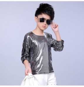 Silver gold glitter long sleeves stage performance fashion modern dance boy kids children hip hop jazz drummer t shirt tops
