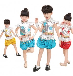 Silver gold yellow turquoise red patchwork sequins modern dance boys girls kids children jazz dance outfits costumes