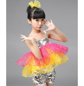 Silver sequins paillette rainbow colored glitter modern dance school competition kids children girls jazz singer dancers performance costumes outfits