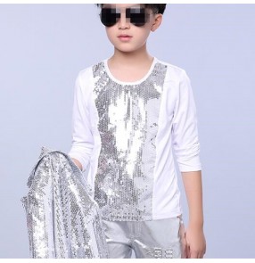 Silver sequins  white patchwork long sleeves modern dance competition school play boys kids children baby jazz drummer ds dancing tops t shirts