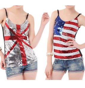 Silver striped sequined American European british flag pattern night club girls women's singers dancers performance shiny dance tops camisoles vests