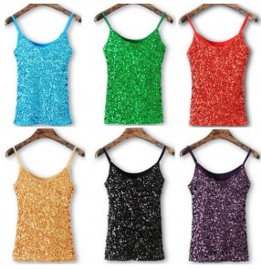 Silver white red green royal blue turquoise purple black fuchsia sequins paillette fashion girls women's jazz singer cosplay stage dancing short vests tops