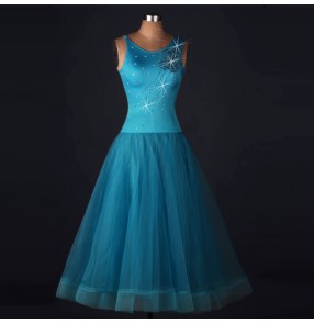 Turquoise blue backless sleeveless diamond rhinestones competition stage performance women's ladies long length tango waltz ballroom dancing dresses outfits