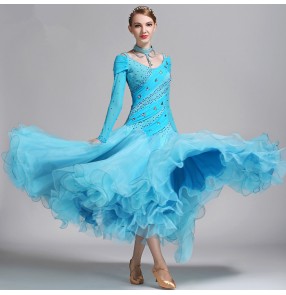 Turquoise  blue colored long length women's girls competition professional performance luxury ballroom tango waltz dance dresses costumes