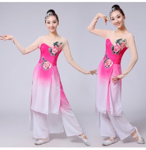 Turquoise green fuchsia hot pink gradient colored Women's girls Chinese yangko folk fan fairy traditional dancing dance costumes outfits