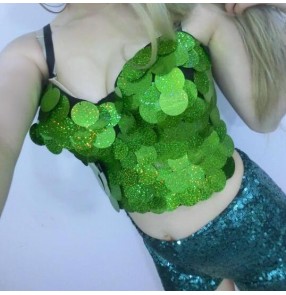 Turquoise sky blue gold green sequins paillette fashion sexy hot dance girls women's night club stage performance party cosplay jazz singer dance tops vests