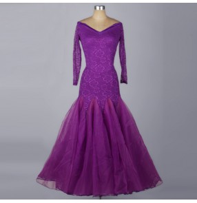 Turquoise violet purple royal blue black white fuchsia lace long sleeves long length competition contest women's waltz tango ballroom dance dresses
