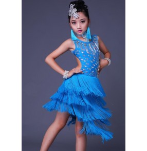 Turquoise white fringes tassels handmade rhinestones girls kids children competition performance latin salsa dance dresses costumes