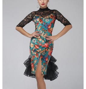  Velvet Green floral printed black lace patchwork turtle neck  middle sleeves women's ladies competition professional latin salsa cha cha dance dresses