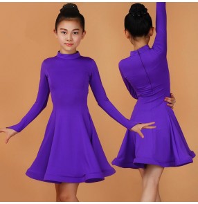 Violet light purple royal blue fuchsia hot pink black red mint green long sleeves turtle neck girls kids children growth competition Latin ballroom dance dresses outfits