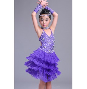 Violet purple beaded rhinestones handmade competition fringes girls latin dance dresses costumes