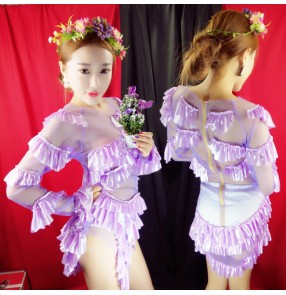 Violet purple mesh ruffles patchwork sexy fashion women's jazz singer dancers cosplay contest competition performance outfits leotards