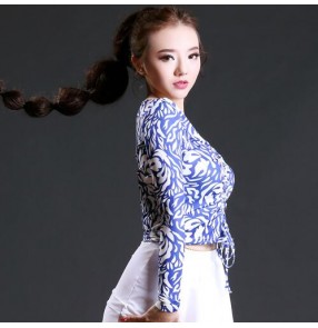White and blue printed black long sleeves front lace women's ladies competition performance ballroom latin salsa dance tops blouses