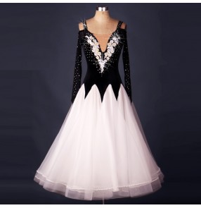 White black patchwork long length embroidery pattern v neck long sleeves competition women's ballroom tango waltz dancing dresses outfits dancewear
